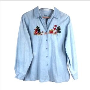 VTG 90s Embroidered Denim Christmas Cat Shirt 12 Holiday Festive Button Down